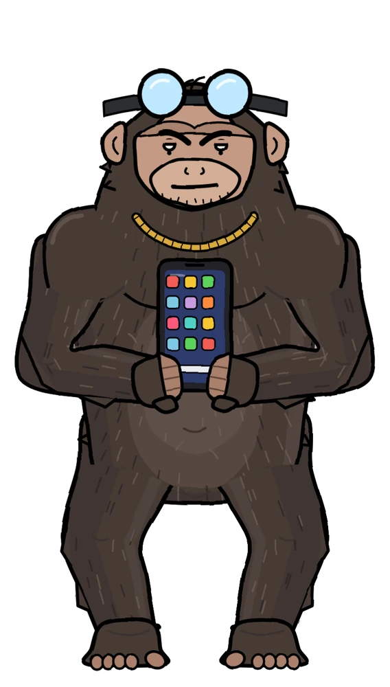 Chimp, cooked, staring at his phone