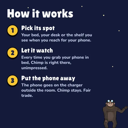 How it works: Pick its spot. Your bed, your desk or the shelf you see when you reach for your phone. Let it watch. Every time you grab your phone in bed, Chimp is right there, unimpressed. Put the phone away. The phone goes on the charger outside the room. Chimp stays. Fair trade.