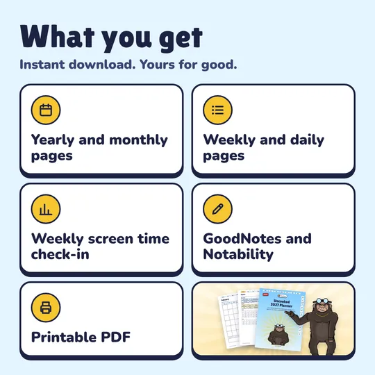 What you get with Uncooked 2027 Planner: Yearly and monthly pages, Weekly and daily pages, Weekly screen time check-in, GoodNotes and Notability, Printable PDF.