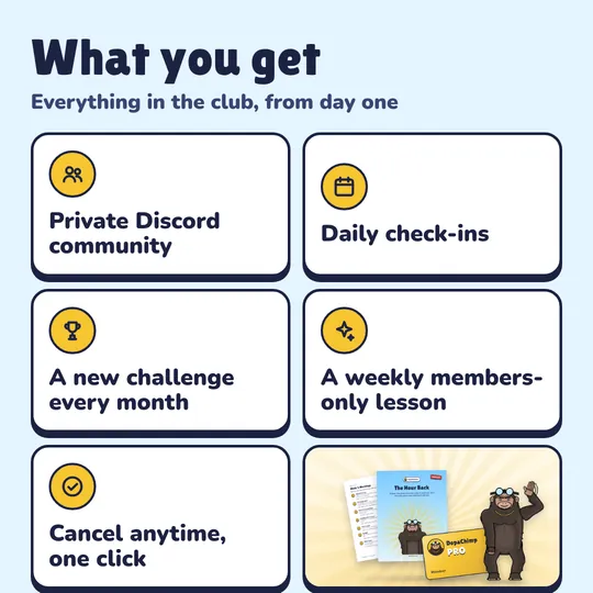 What you get with DopaChimp Pro: Private Discord community, Daily check-ins, A new challenge every month, A weekly members-only lesson, Cancel anytime, one click.