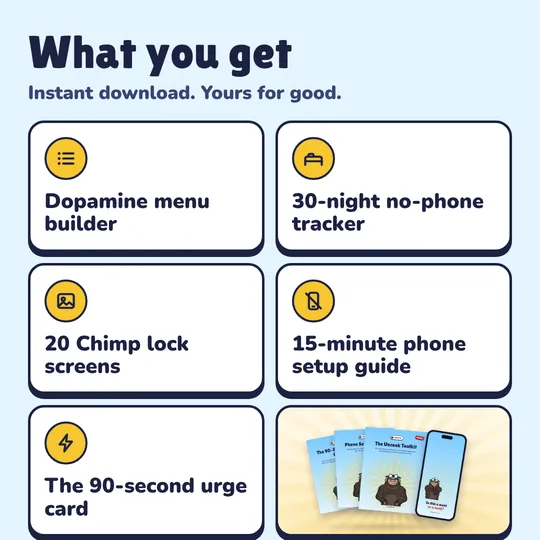 What you get with Uncook Toolkit: Dopamine menu builder, 30-night no-phone tracker, 20 Chimp lock screens, 15-minute phone setup guide, The 90-second urge card.