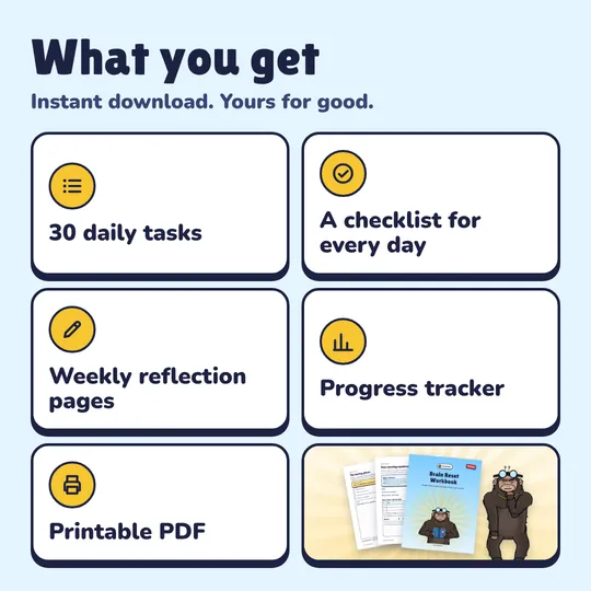 What you get with Brain Reset Workbook: 30 daily tasks, A checklist for every day, Weekly reflection pages, Progress tracker, Printable PDF.